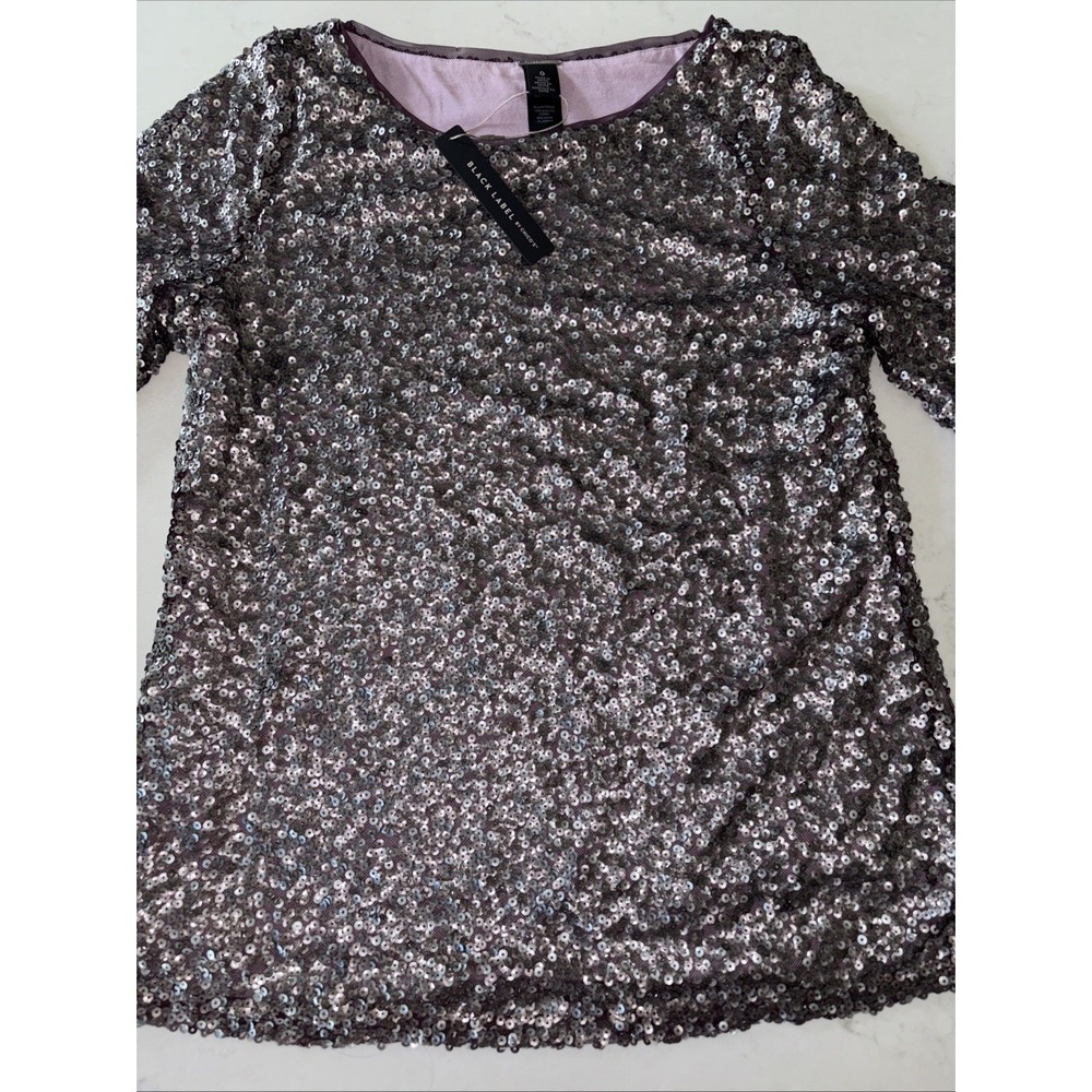 Chico's Black Label Top Womens S 0 Silver‎ Sequin Purple Mesh Lined Short Sleeve